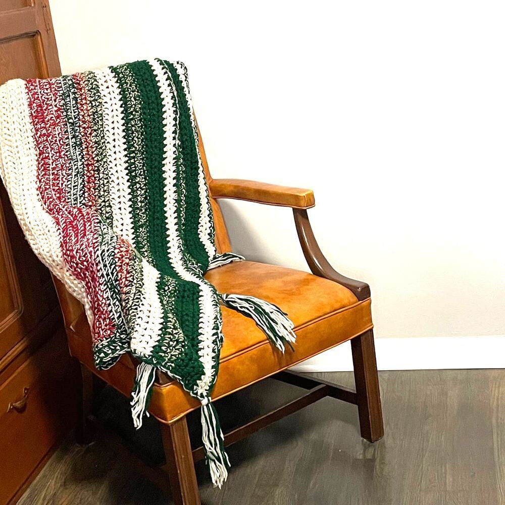 Vintage Crochet Handmade Red Green White Vertical Striped Granny Afghan Throw